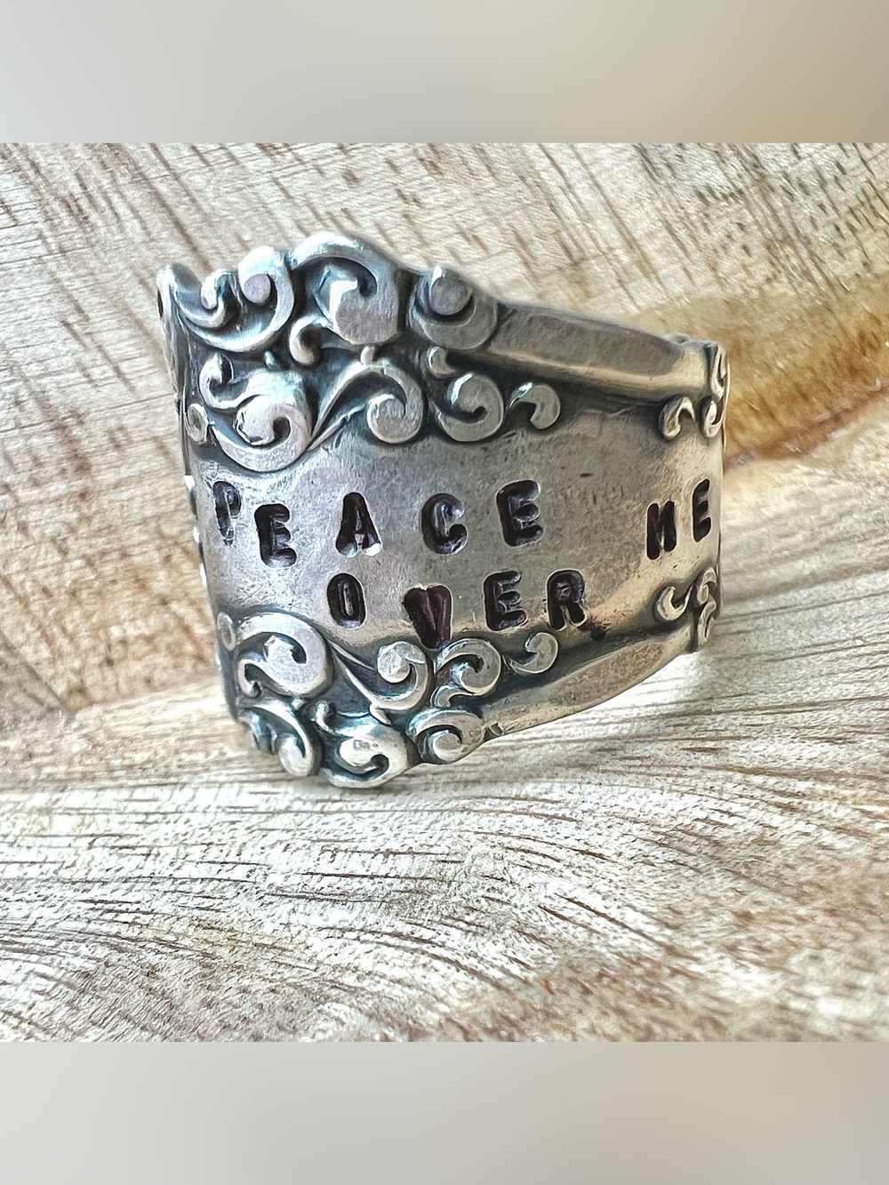 Hand Crafted Silver-Tone Ornate 'Peace Over Me' Statement Ring